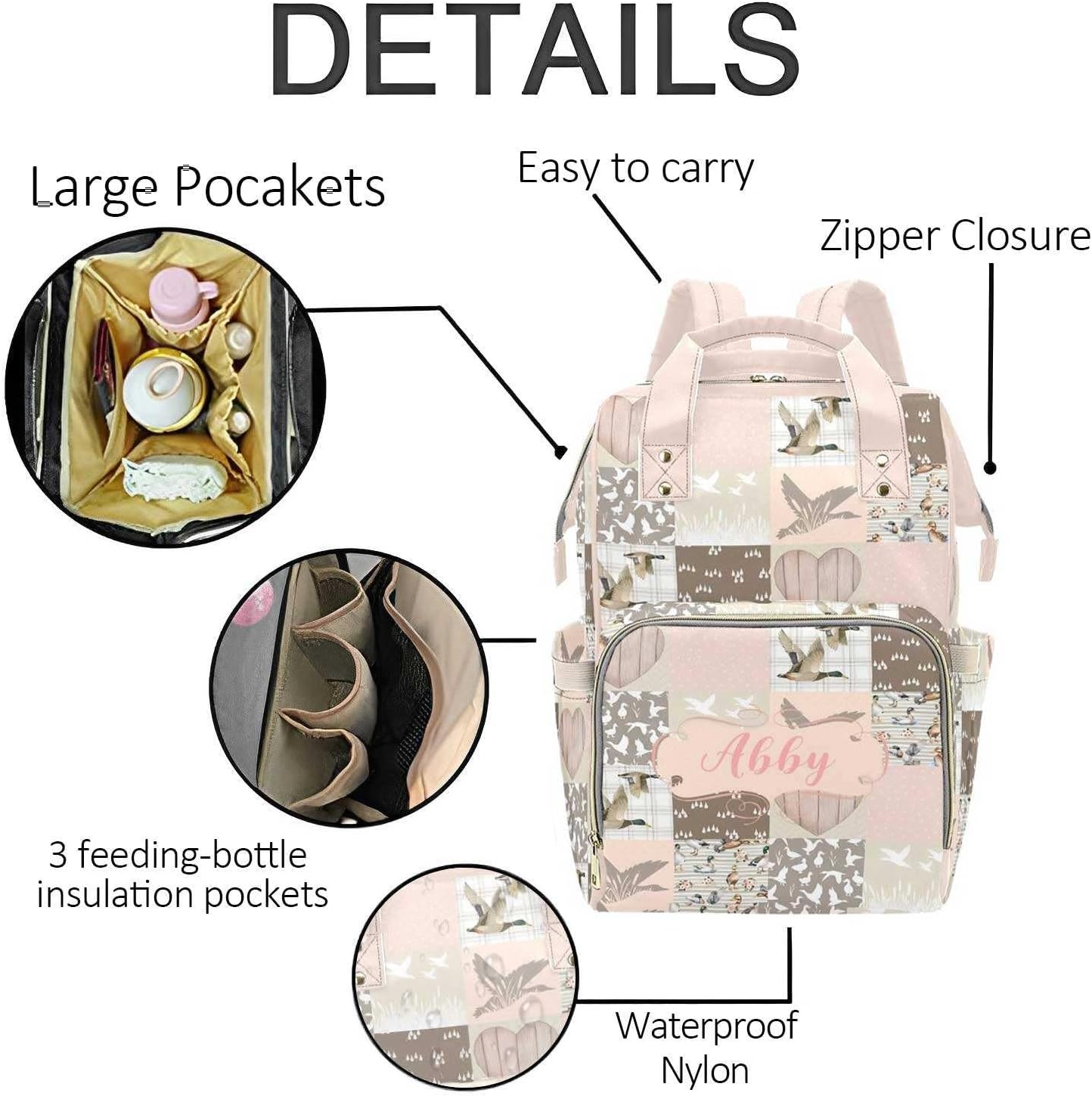 Custom Mallard Pink Baby Diaper Bag with Name – Personalized Nursing Travel Tote Backpack for Mom or Dad, Custom Name Baby Daypack Gift