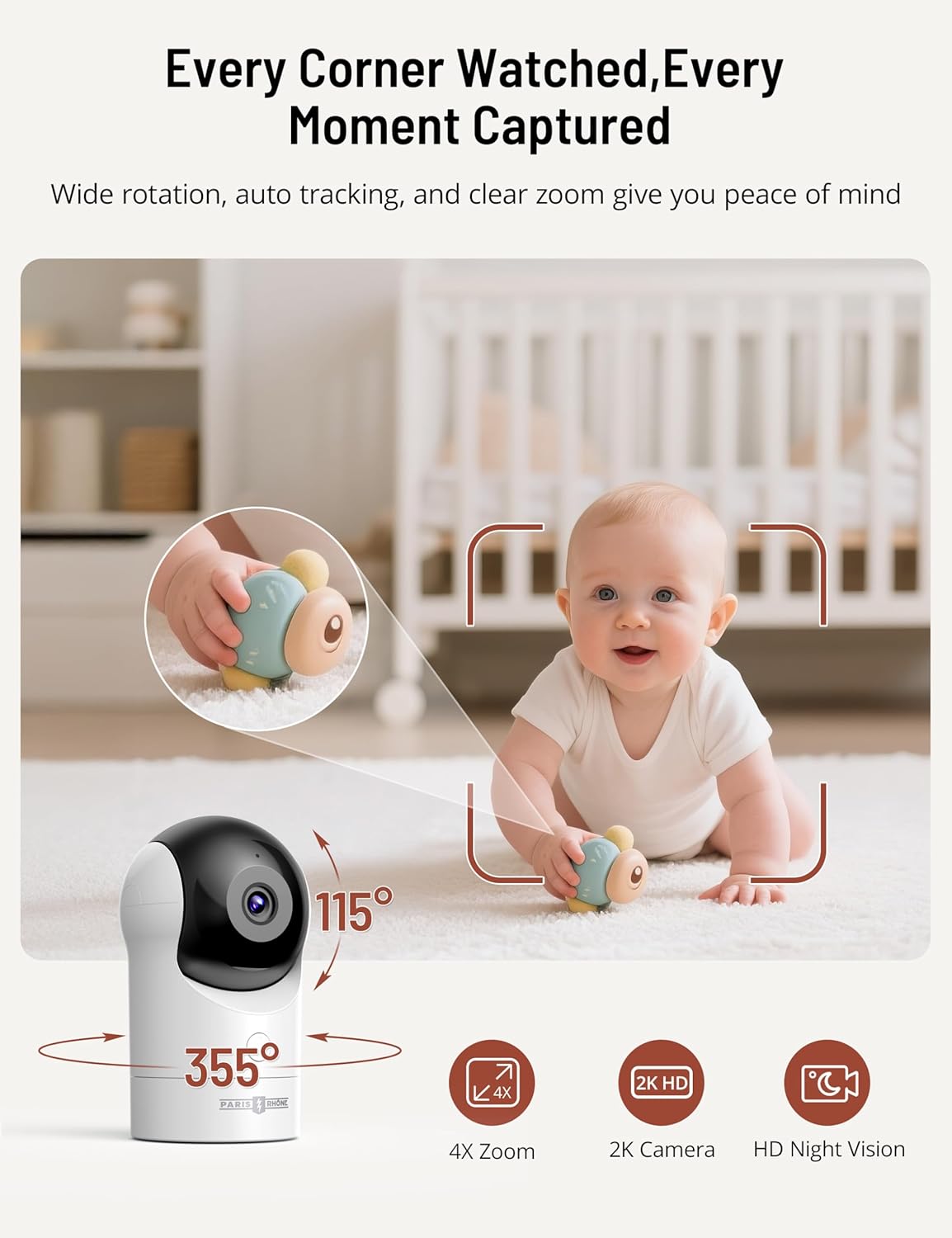 PARIS RHÔNE 2K Split-Screen Baby Monitor, 5” Smart Video Baby Monitor with 2 Cameras, Dual WiFi Cameras with App Control, Night Vision, Motion & Cry Alerts, Auto Tracking, RGB Night Light, Lullabies