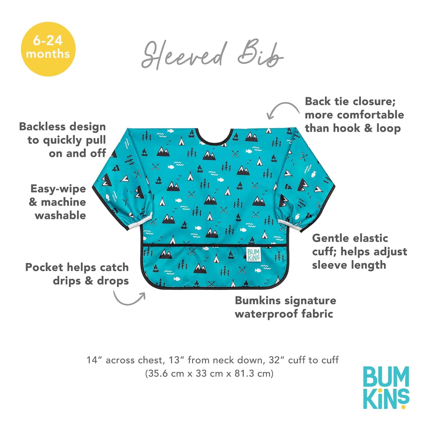 Bumkins - Sleeved Bib - For Boys & Girls, Babies & Toddlers 6-24 Months - Lightweight, Durable, Waterproof -Long Sleeve Bib -Catch-All Pocket -Wipeable & Machine Washable -Dinosaurs & Outdoors -2 Pack