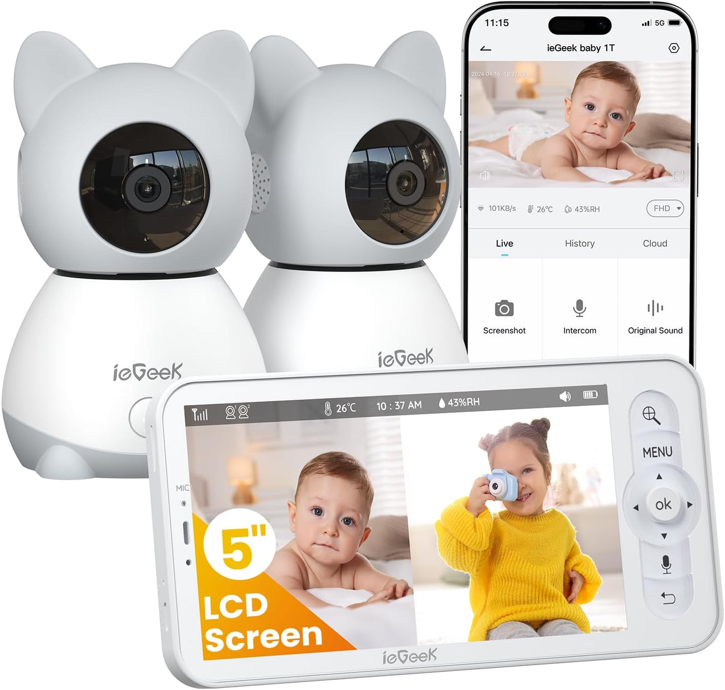 ieGeek Baby Monitor with 2 Cameras, 5" Large Screen Split-Screen Video Baby Monitor | 2K HD Non-WiFi Monitor with App & Parent Unit | Night Vision, 2-Way Audio, Cry Detection, Temperature Sensor