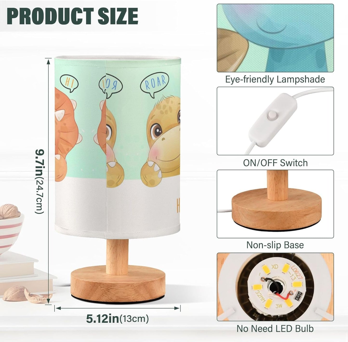 Table Lamp Watercolor Dinosaur Baby Pattern Nightstand Lamp with Wood Base Fabric Lamp Shade Bedside Desk Lamp for Living Room Bedroom Kids Room Office