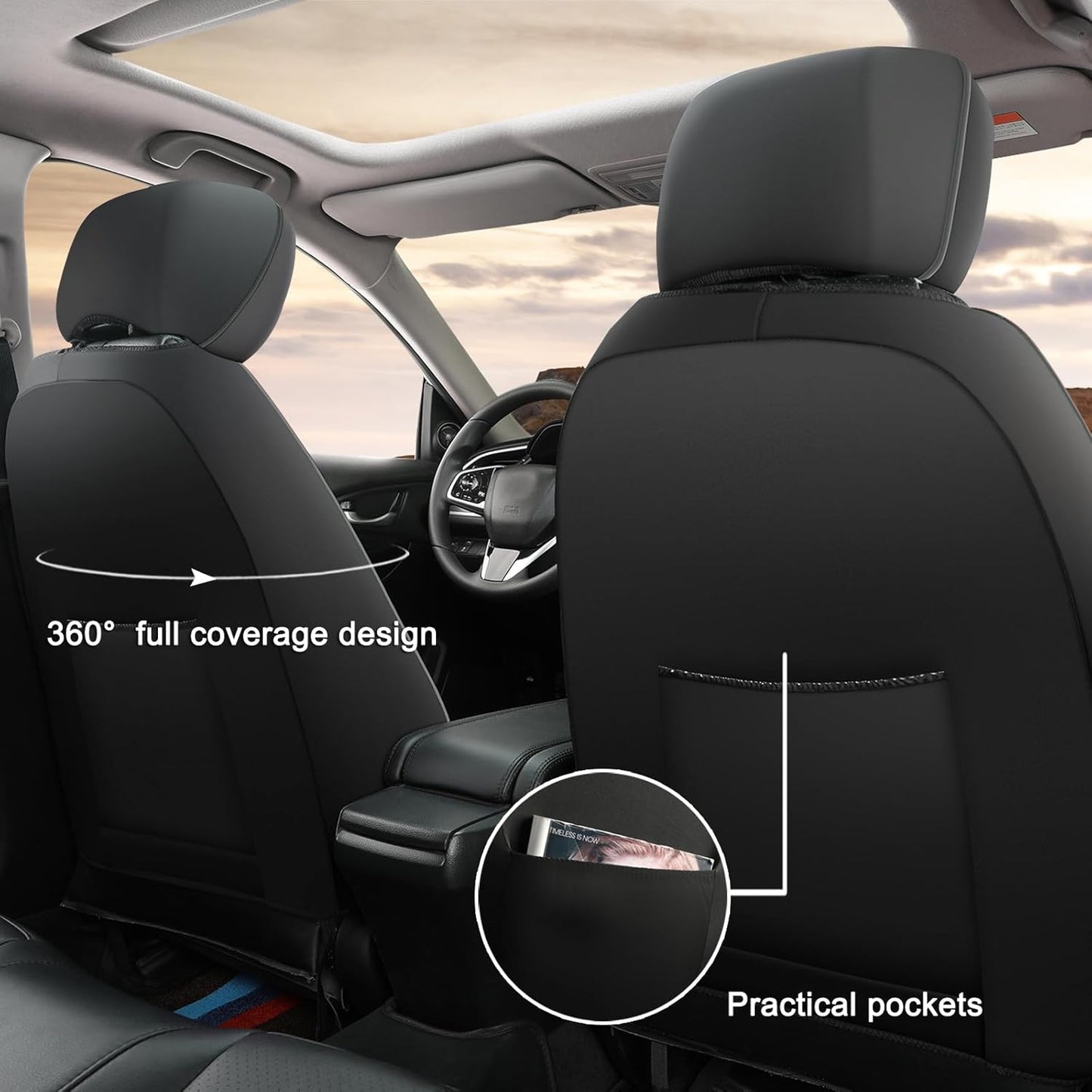 GIANT PANDA Front Car Seat Cover for Kia, Piping Leather Bucket Seat Protectors Waterproof, Custom Fit Kia Sorento Sportage Forte Telluride K5 Seltos Soul Optima Carnival (2 Pack Black)