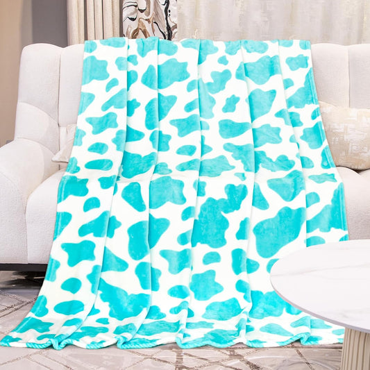 Blue Cow Print Twin Blanket - Lightweight Fuzzy Soft Throw for Bed, Sofa, Dorm, Couch - Cozy Cyan Gifts for Teens Girls Bedroom Decor