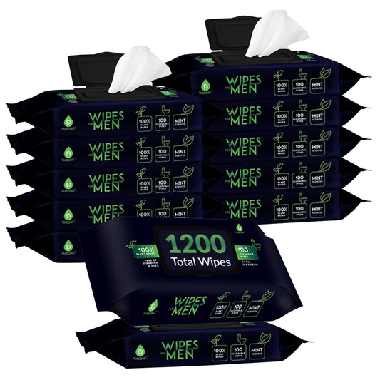 Pursonic Soft Mint Scented Flushable Wipes for Men - 12 Pack (1200) Plant Based Face and Body Wipes with Aloe Vera & Vitamin E - Extra Large Wipes for Gentle & Thorough Cleansing