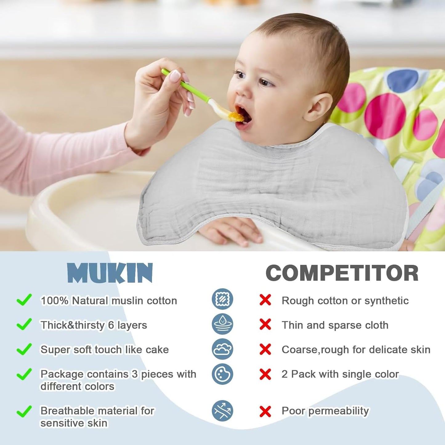 MUKIN Baby Muslin Burp Cloth Set of 6, Ultra Soft Absorbent Thick Cotton Burping Cloths for Unisex Newborn Babies, 20'' by 10'' Neutral Milk Spit Up Rags Boys Girls - Baby Must Haves. (Gradient Grey)