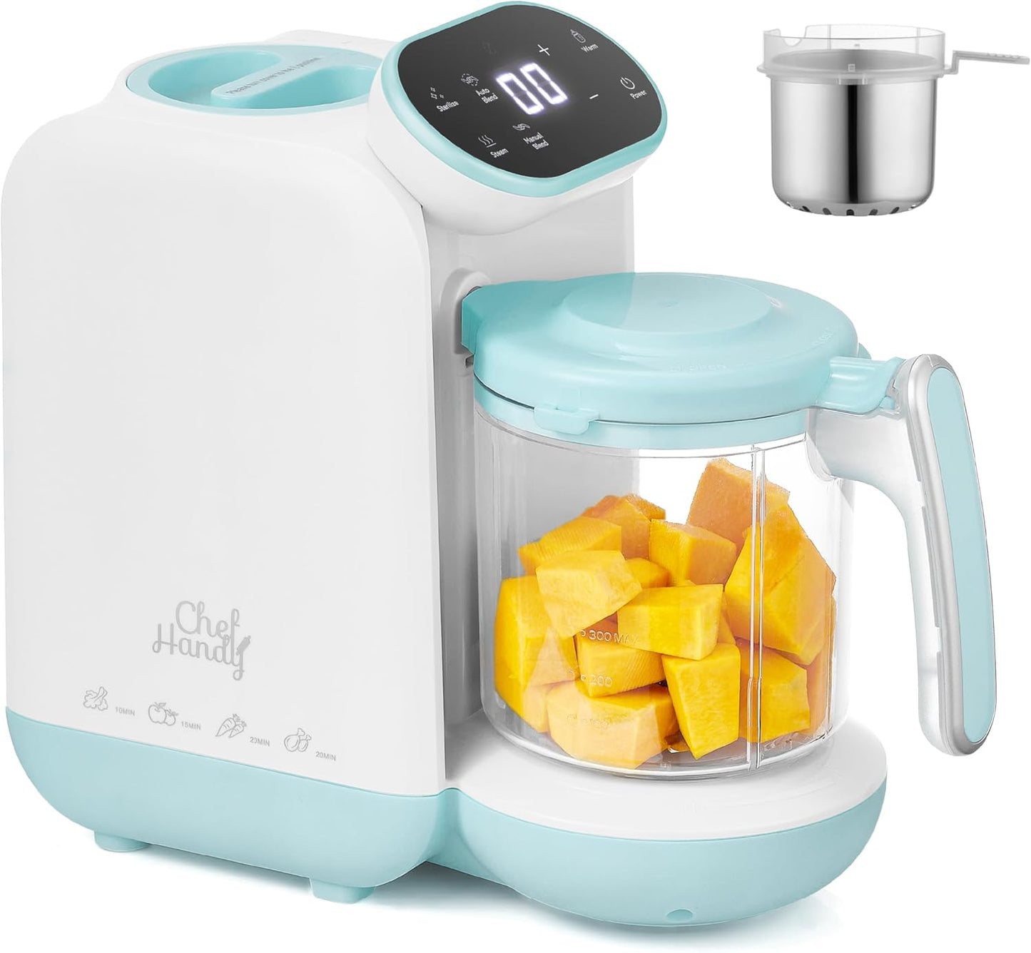 Chefhandy Baby Food Maker, Steamer & Blender, Puree Maker with Auto/Manual Blend, Steam Basket, Bottle Warmer & Sterili-zer, Compact Easy-to-Clean Baby Food Processor (White Blue)