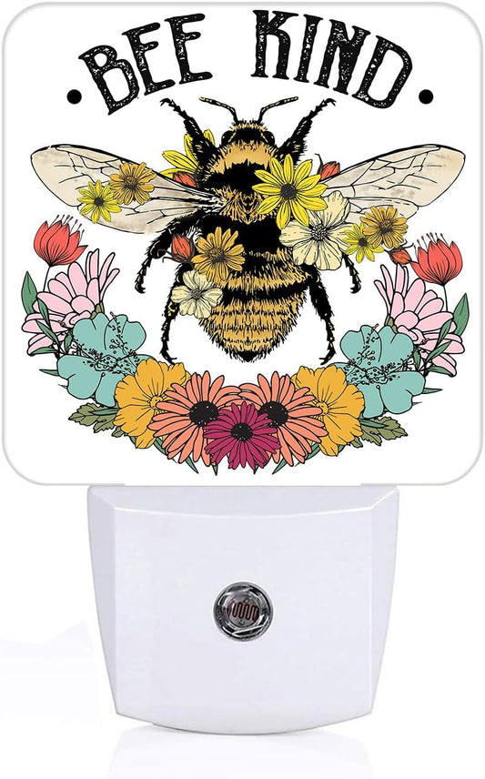 Bees and Flowers Night Light,Plug Into Wall for Boys Girls Bedroom Decorative Square Night Light Lamp 0.5w Sleep Friendly