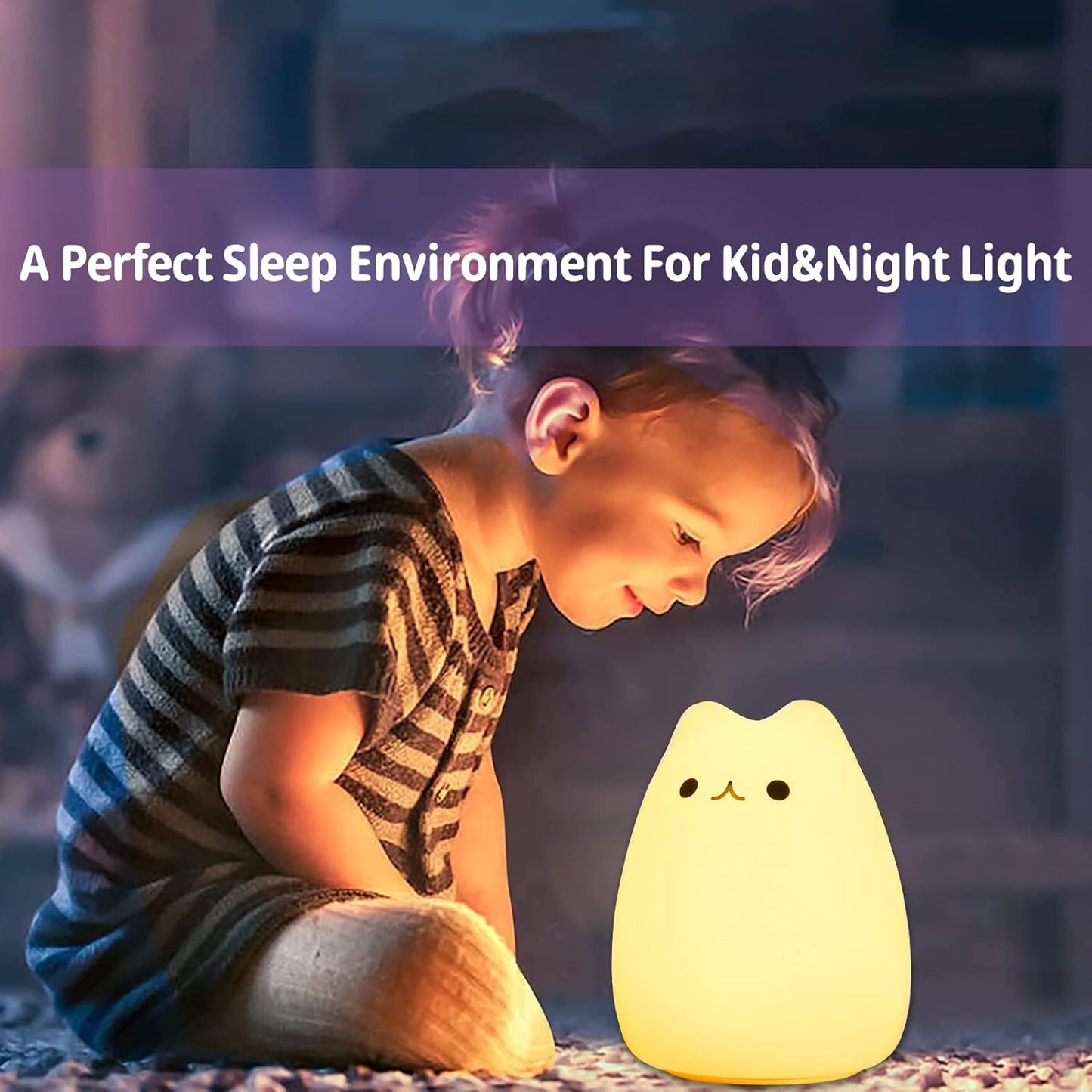 ZKLiLi Night Light, Cute Cat Nursery Lights USB Rechargeable Cat Lamp Nightlight Birthday Christmas Gift with Warm White and 7-Color Breathing Modes for Kids Baby Children (renqimao)