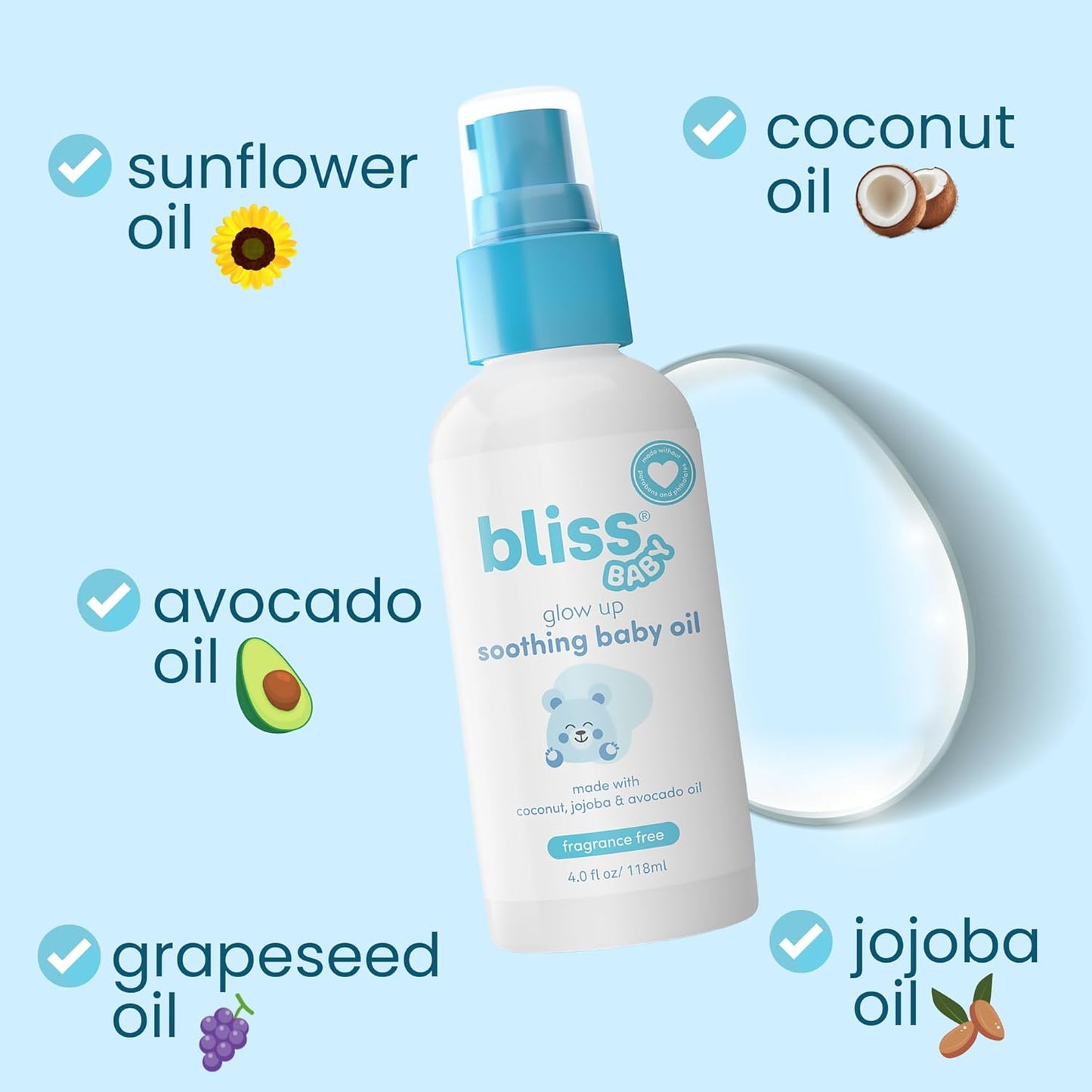 Bliss Baby Oil, All Natural, Premium & Unscented, Vegan - Made with Organic Avocado Oil, Coconut Oil, Dermatologist Tested, Soothing & Hydrating Baby Massage Oil, Travel Size 4 fl. Oz.