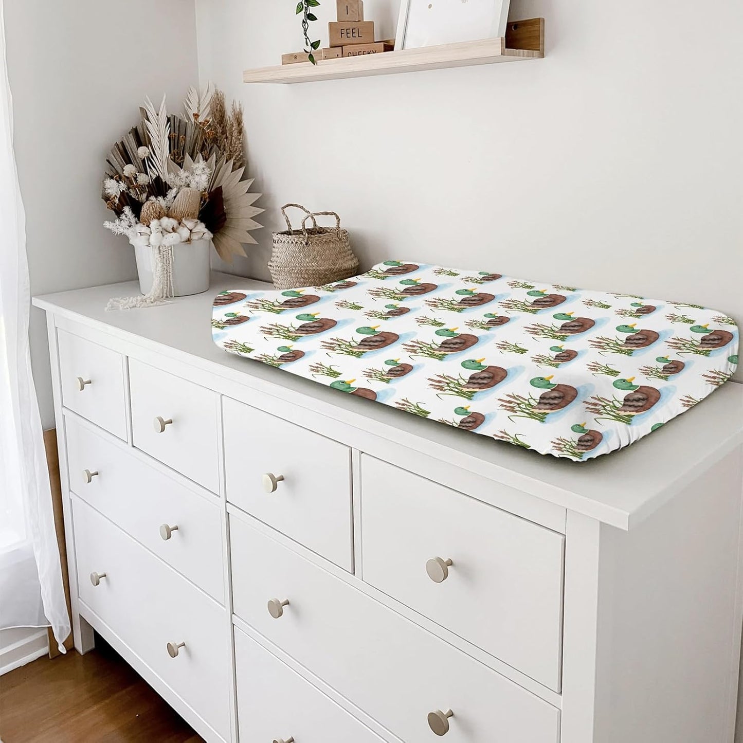 Cartoon Mallard Duck Lake Leaves Changing Pad Covers Duck Hunting Reeds Diaper Changing Pad Covers Sheets for Girl Boy Wild Duck Soft Breathable Stretch Fitted Change Table Pad Mats Covers 32''x16''