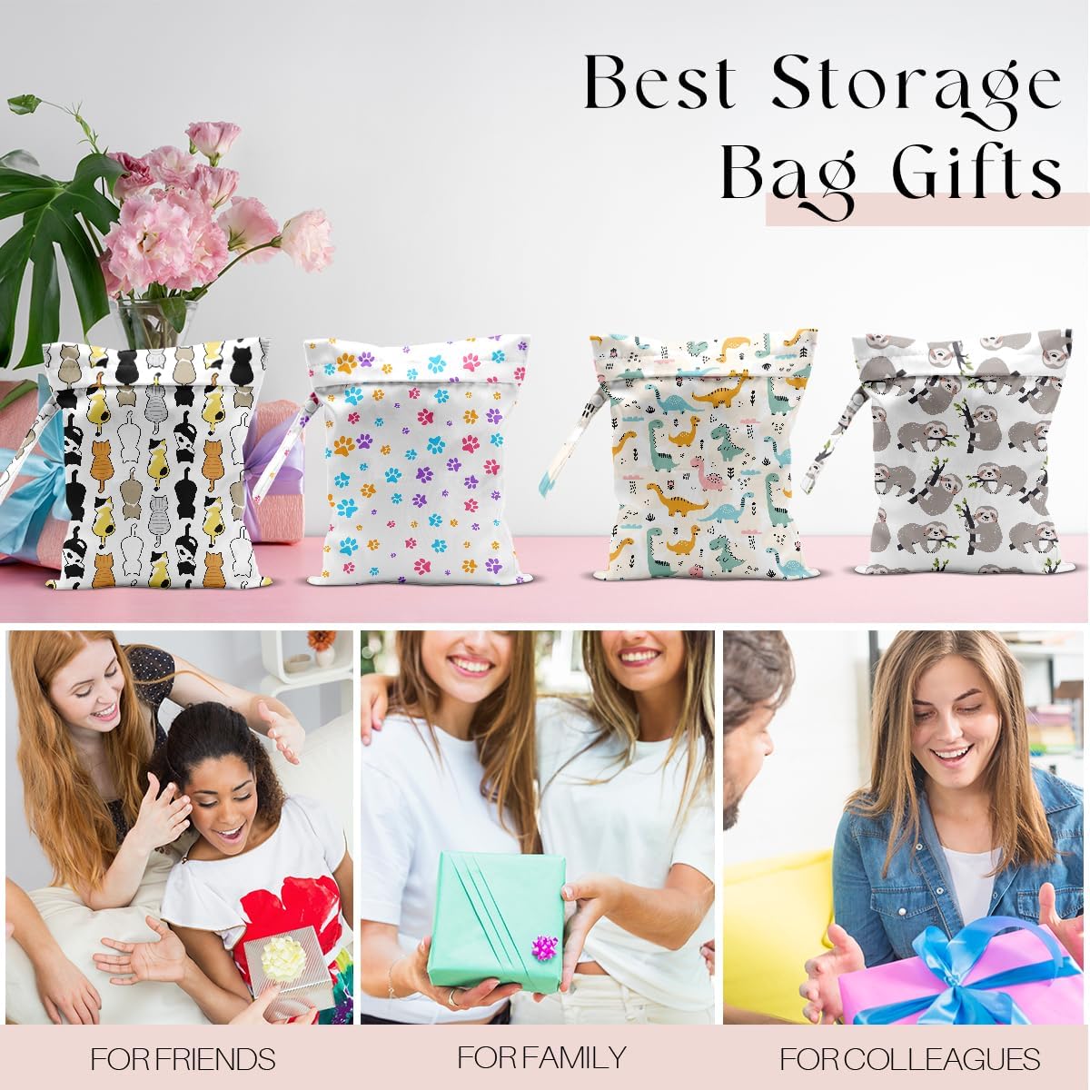 4 Pack Wet Bag for Swimsuit, Beach Travel Essentials Wet Dry Bag, for Sunscreen Toiletry Dirty Clothes Yoga Gym Diaper, Friend Summer Beach Vacation Gifts. Dinosaurs, sloths, dogs