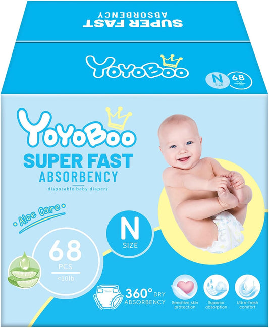 Disposable Newborn Baby Diapers, Hypoallergenic, Superior Absorbency, Lightweight Design & Dry Comfort, Size N, 68 Count