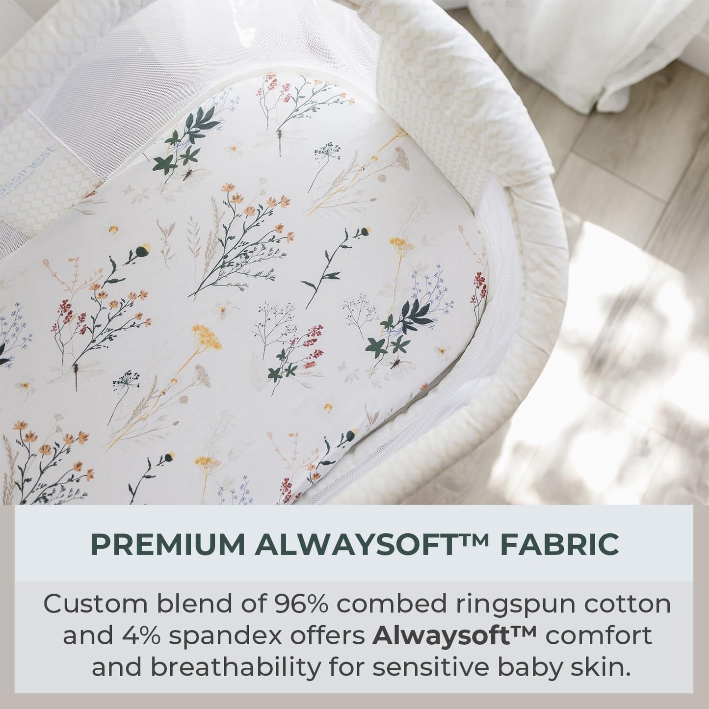 Pobibaby - 2 Pack Premium Bassinet Sheets for Standard Bassinets - Ultra-Soft Jersey Knit, Stylish Floral Pattern, Safe and Snug for Baby (Wildflower)