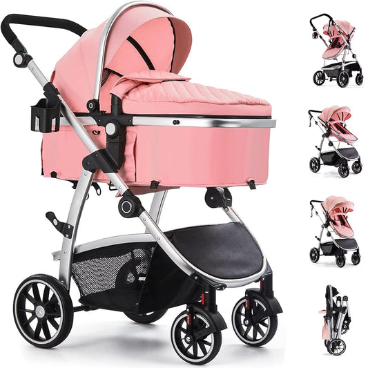 Baby Stroller, 2-in-1 Reversible Toddler Seat with Bassinet Mode, Foldable Infant Stroller with Canopy, One Button Brake, Adjustable Handle, Newborn Pushchair(Pink)