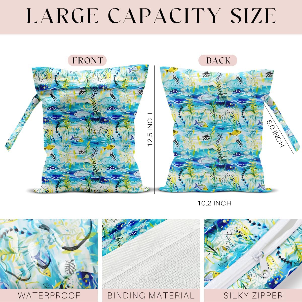 Wet Bag for Swimsuit, Beach Travel Essentials Wet Dry Bag, for Sunscreen Toiletry Dirty Clothes Yoga Gym Diaper, Friends Summer Beach Vacation Gifts. Fish and seaweed