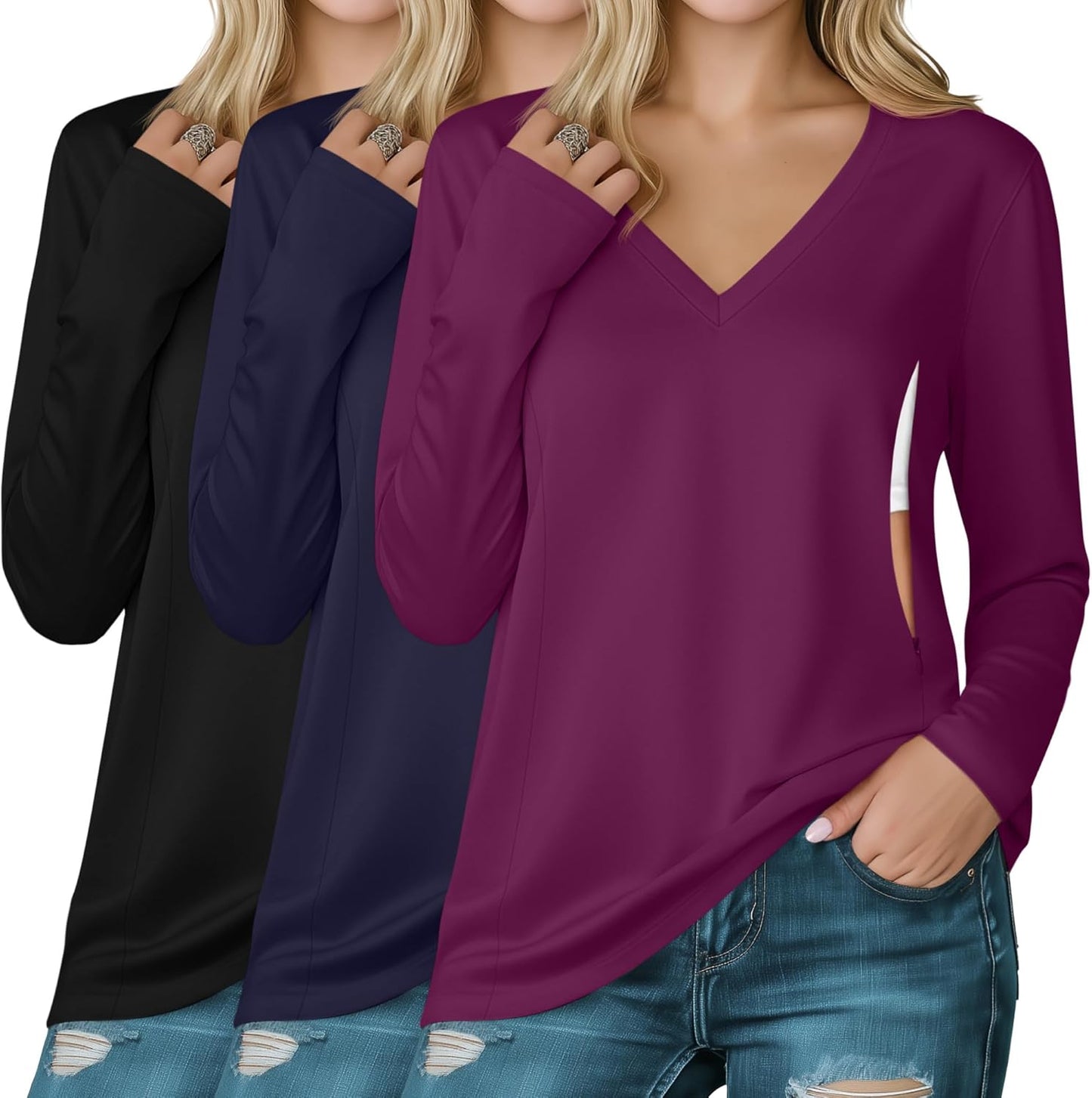 Huukeay 3 Pack Women's Long Sleeve Nursing Tops, Breastfeeding Hidden Zippers Shirts V Neck Maternity Pregnancy Tees Clothes