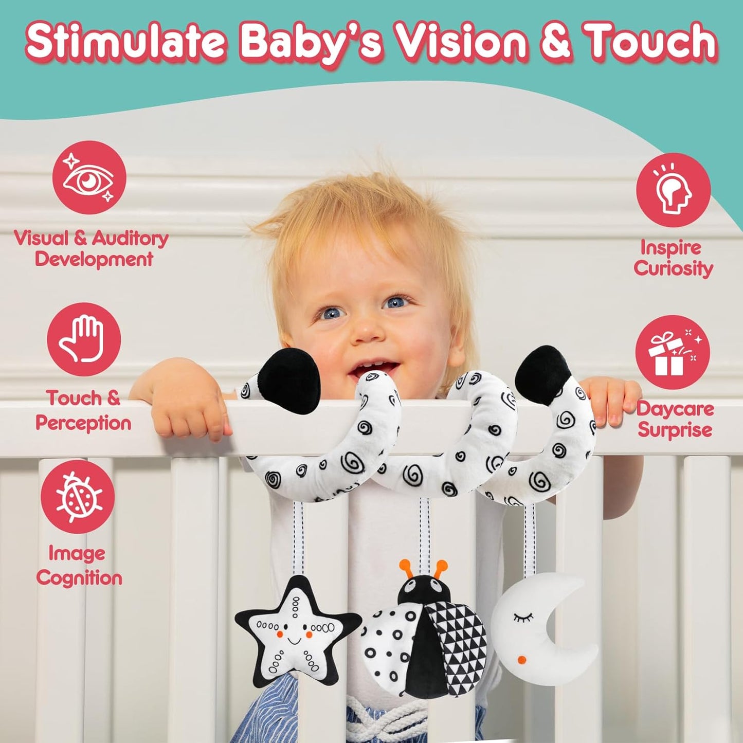 Baby Spiral Hanging Stroller and Car Seat Toys Black and White High Contrast Sensory Toy Newborn Plush Activity Toys Party Favors Quality Gifts for Baby Shower -Bug