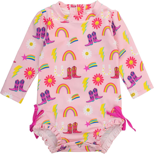 RuffleButts Baby Girls UPF 50+ Sun Protection Novelty Print Long Sleeve One Piece Rash Guard Swimsuit with Zipper