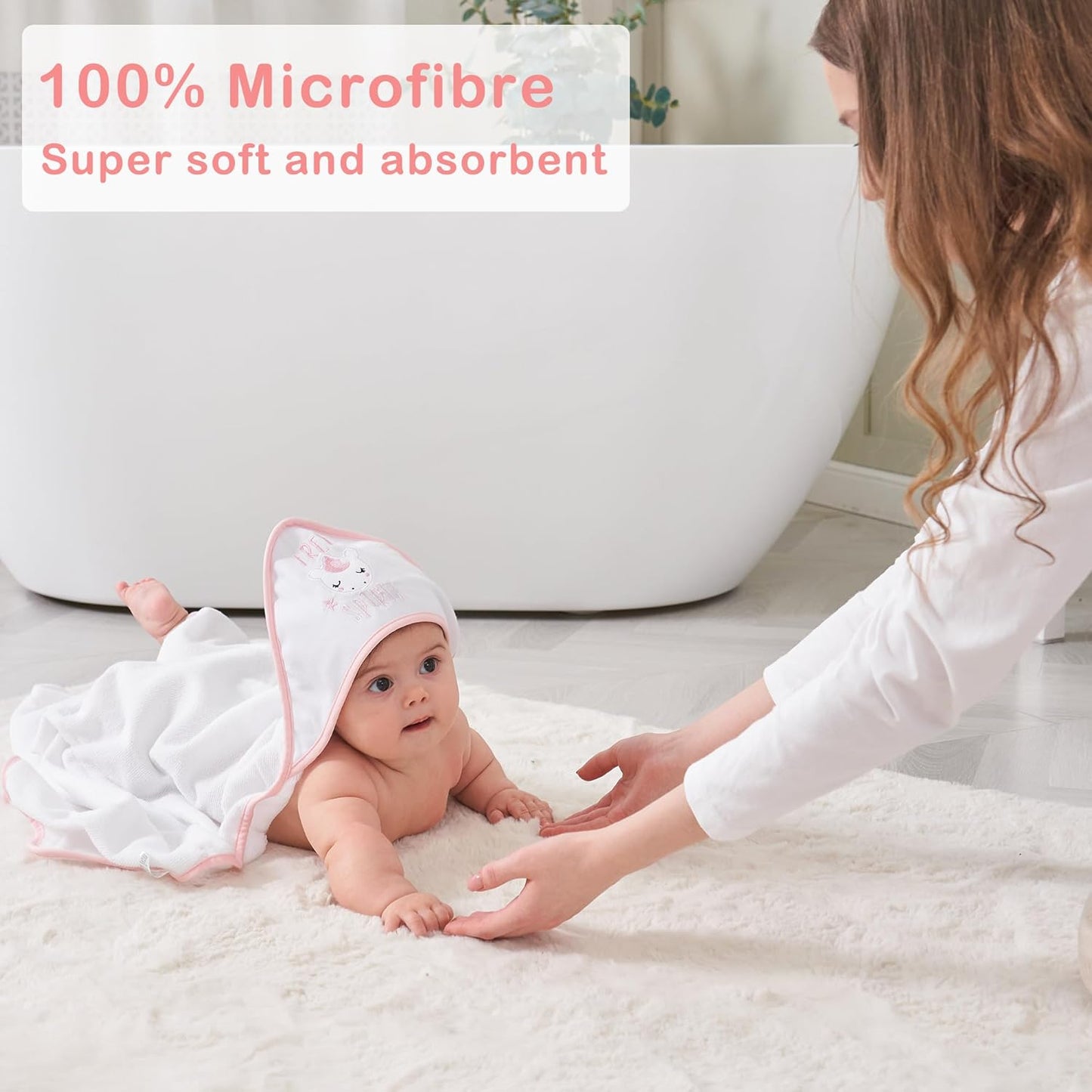 Viviland Baby Towels and Wash Cloths Set - Hooded Towels, Face Towels, Burp Cloths or Wipes - Absorbent Bath Towels - 6-Pack, Size 28 x 28 Inch (Pink Unicorn)