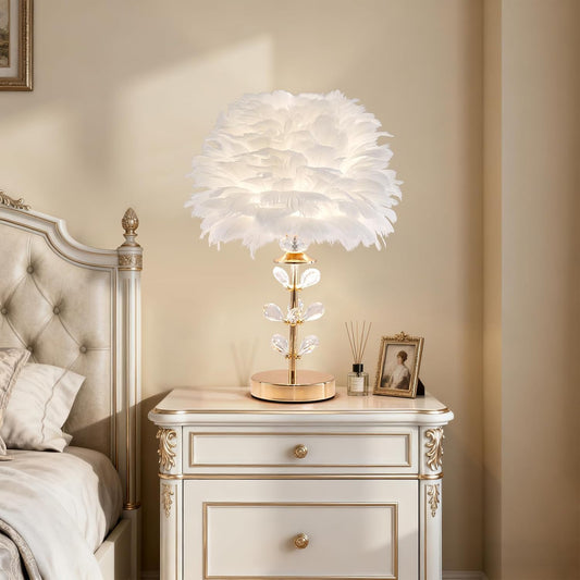 Chic White Feather Lamp Creative Fluffy Table Lamp Cute Kids Bedside Lamp Modern Feather Desk Light for Teen Girls Bedroom Living Room Entryway Study Room Wedding Deco