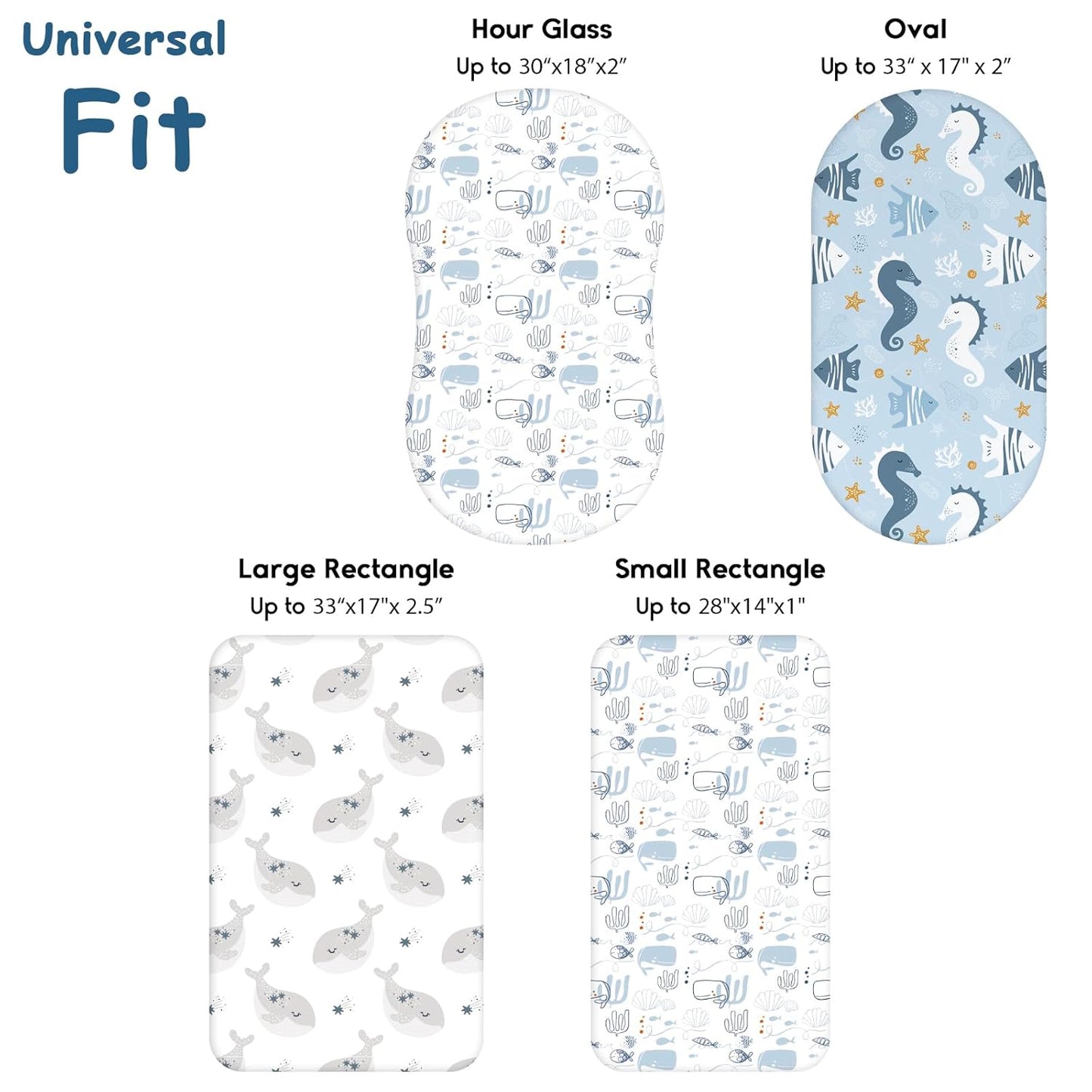 Yoofoss Bassinet Sheets for Baby,3-Pack Fitted Bassinet Sheets Set Compatible with Halo Bassinest Swivel Sleeper,Baby Delight,Angelbliss,Soft Breathable Bassinet Mattress Sheets (Blue+Seahorse)