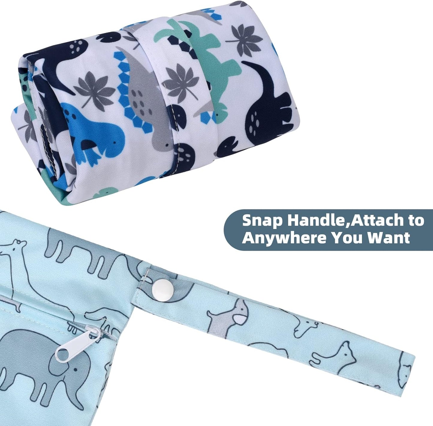 2pcs Cloth Diaper Wet Dry Bags Waterproof Reusable with Two Zippered Pockets Travel Beach Pool Daycare Soiled Baby Items Yoga Gym Bag for Swimsuits or Wet Clothes-Cute Animal,Dinosaur