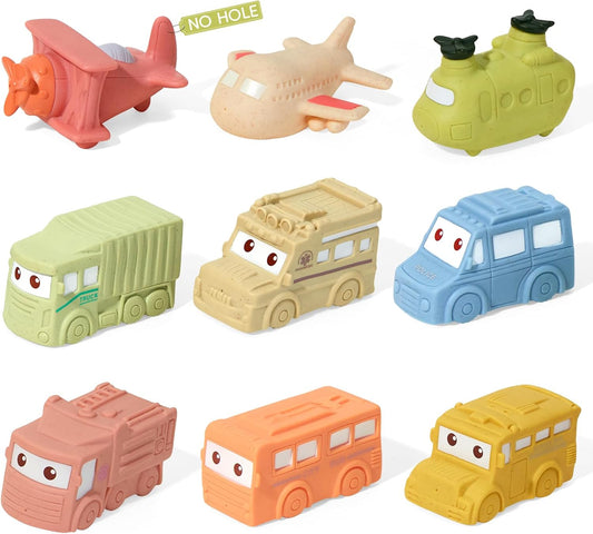 Mold Free Baby Bath Toys, 9 PCS No Hole Vehicle Bath Toys, Soft & Safe Toddler Bath Toy Set, Bathtub Water Beach Pool Toys for Babies 6-12 Months, Baby Gift for Christmas, Birthday, Stocking Stuffers