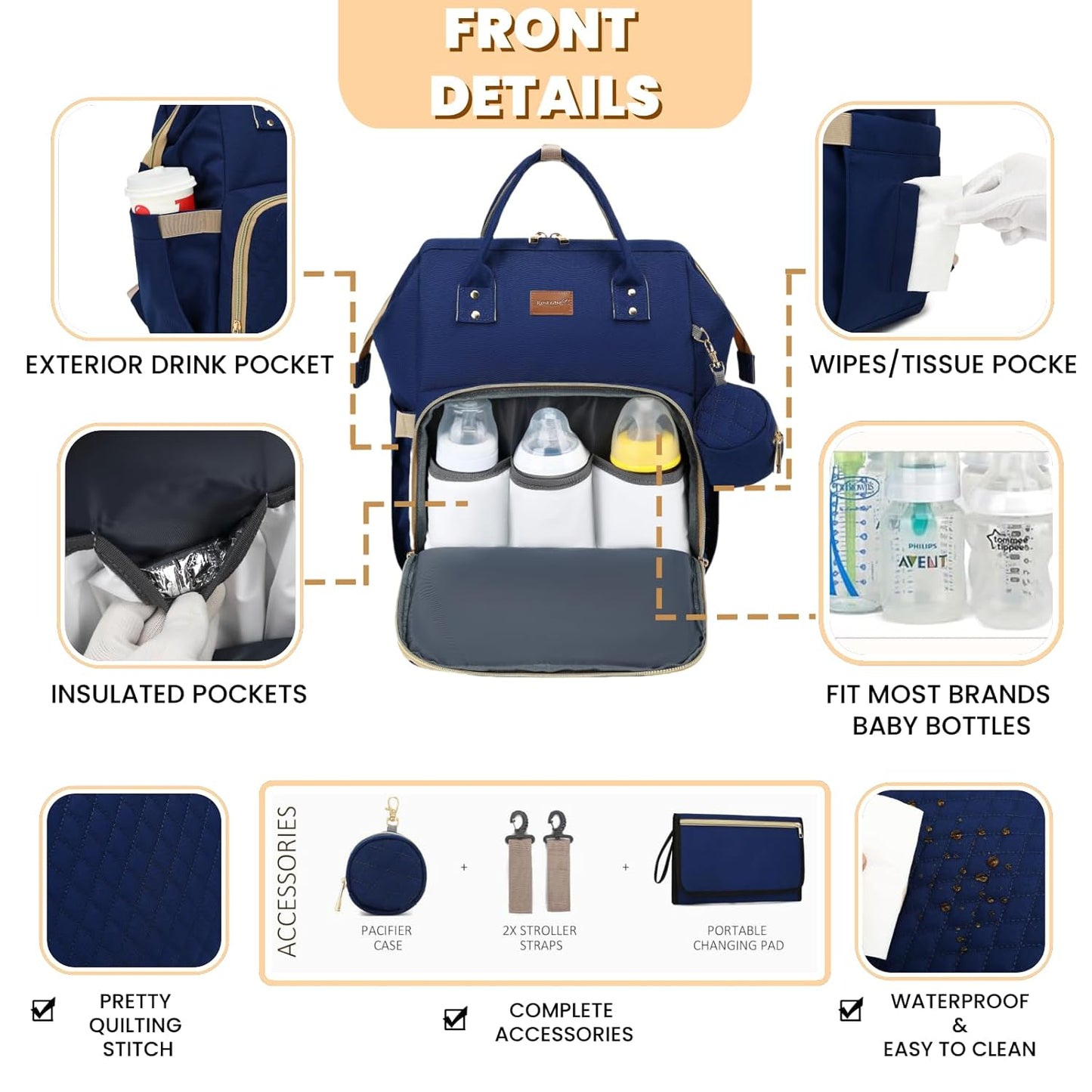 Diaper Bag Backpack with Changing Pad, Pacifier Case, Baby Bag for Boy Girl Toddler - Large, Stylish, Waterproof Travel Quilted Diaper Bag for Mom - Baby Shower - Navy Blue