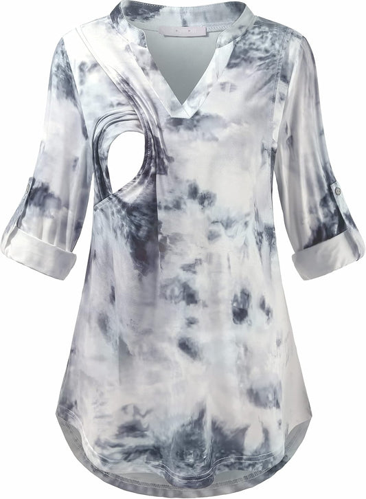 Joymom Maternity Rolled Long Sleeve Nursing Tops Tunic Blouses Breastfeeding