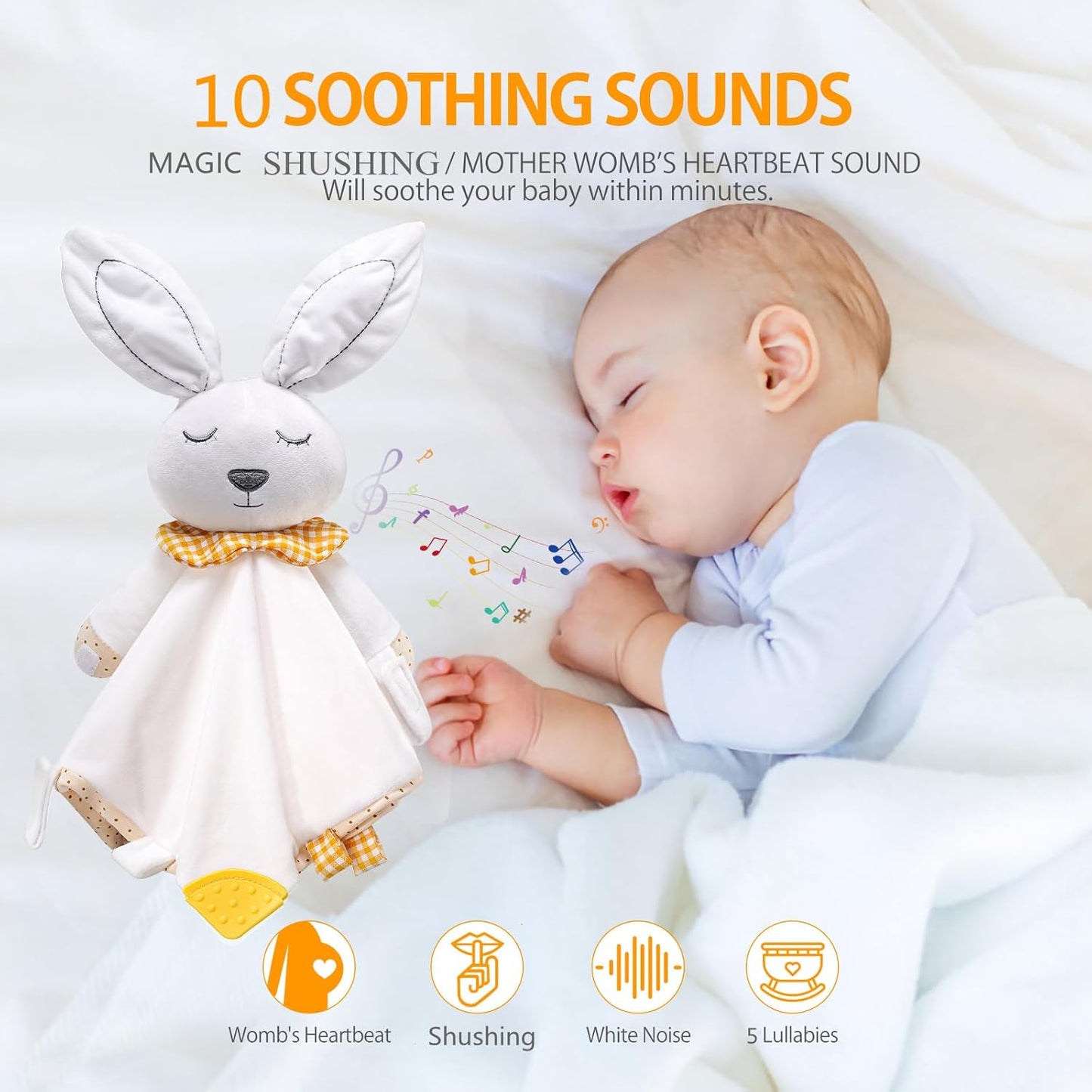 BEREST Rechargeable Baby Sleep Soother Bunny Lovey- White Noise| Heartbeat| Shushing| Lullaby Infant Sleeping Aid with Cry Sensor at Nap Time Routine, Newborn Gifts Plush Toddler Snuggle Blanket Toy