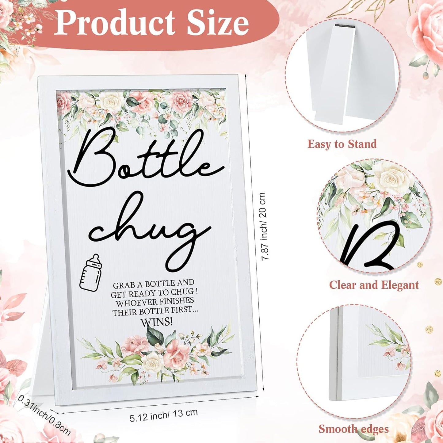 Roowest Bottle Chug Baby Shower Game Favors Including Flower Theme Bottle Chug Game Wooden Sign and 18 Pcs Pink Baby Bottles for Baby Shower Game Gender Reveal Party Supplies