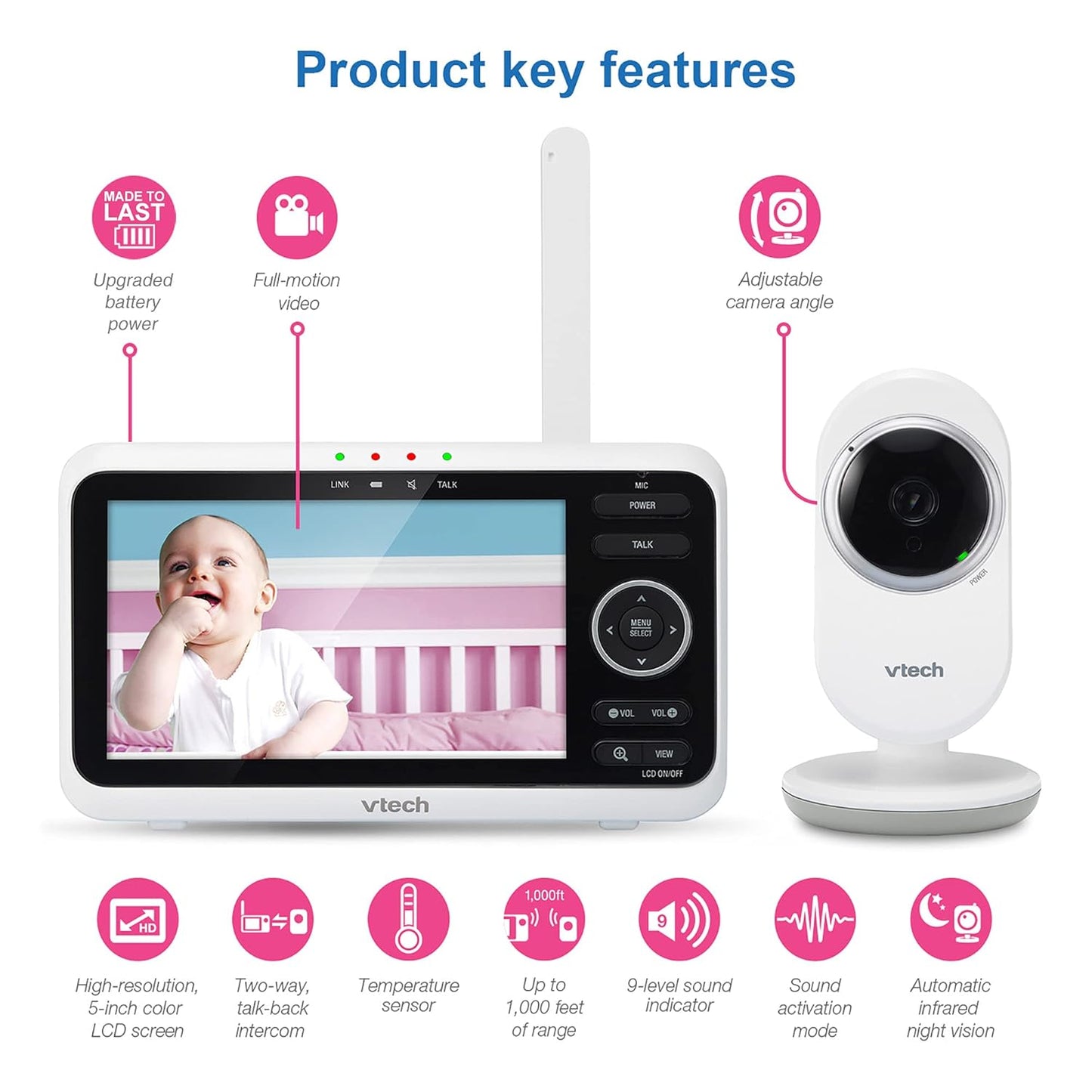 VTech VM350 Baby Monitor, 5" Screen, 1000ft Long Range, Night Vision, 2-Way Talk, Lullabies, Secured Transmission No WiFi