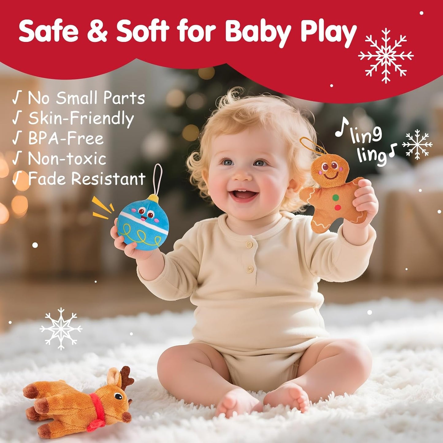 hahaland Baby Christmas Toy for 6 + 12 18 Months – Musical & Sensory Plush Christmas Toys Set with Gingerbread House, Santa, Reindeer, Gingerbread, Rattles & More - 7-Piece