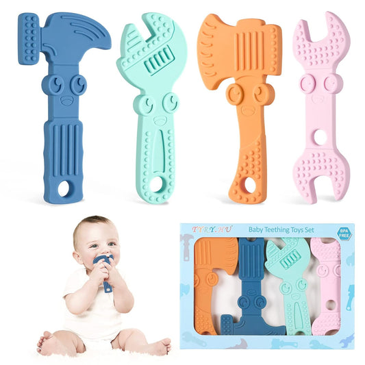 TYRY.HU Baby Teething Toys for Babies, Baby Teether Toys, BPA Free Silicone Baby Molar Teether Chew Toys, Hammer Wrench Spanner Pliers for Boys Girls, Soft-Textured, Easy to Hold & Clean, 4 Packs