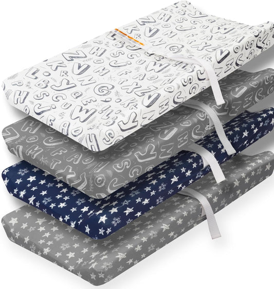 4 Pack Changing Pad Cover for Baby Boys Neutral Unisex Fitted Breathable Baby Changing Pad Sheets for Toddler Changing Table (Letter)