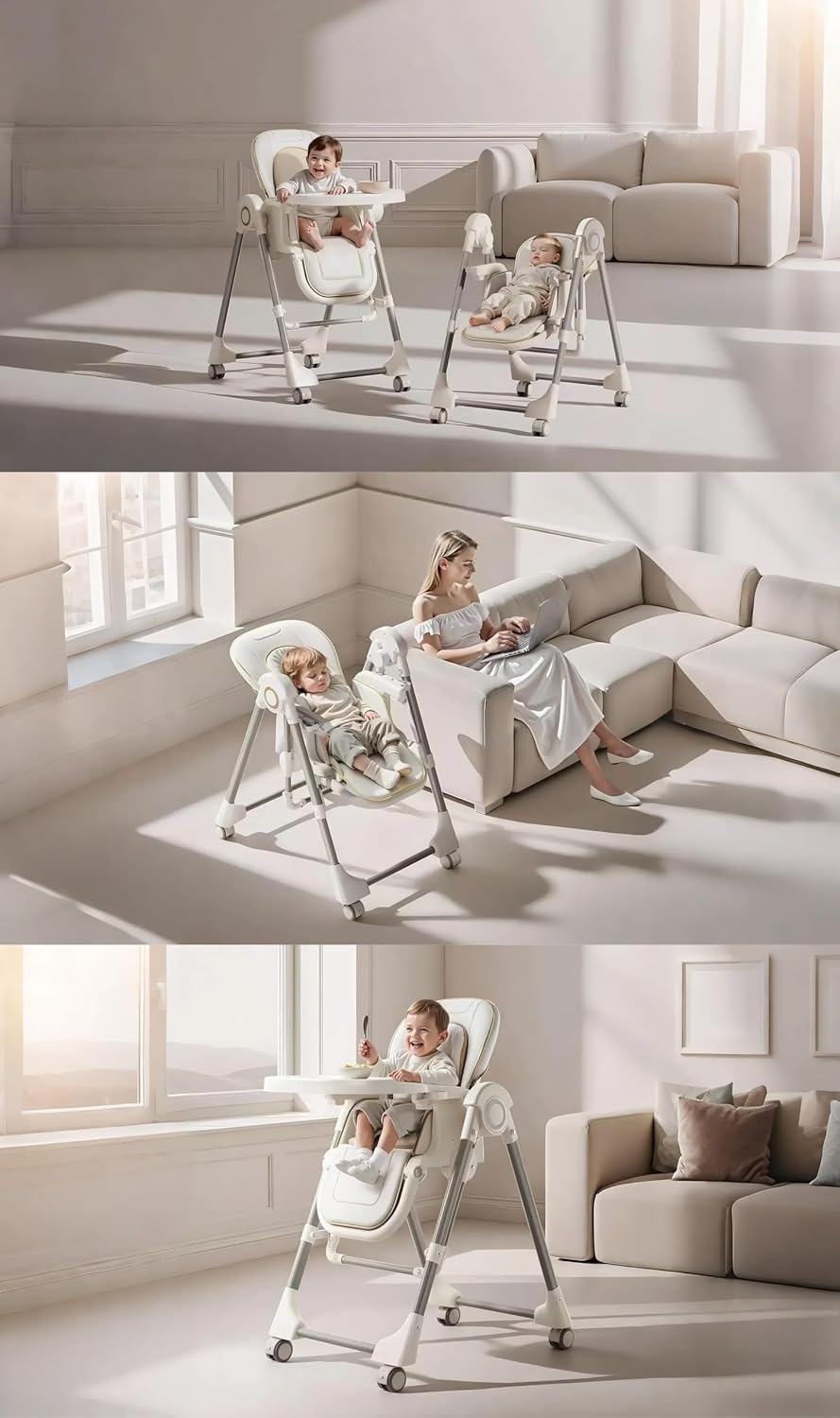 Nine point nine PU Leather Baby High Chair with Swinging Function, High Chairs for Babies and Toddlers, Removable Double Tray Baby Seat Feeding Chairs (8121 Khaki)