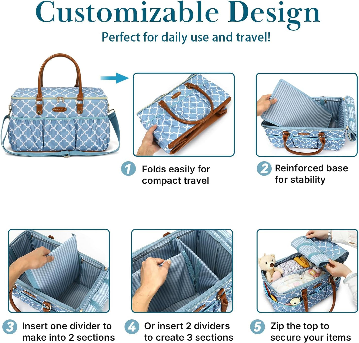 DOKUS & CO Luxe Diaper Tote, Extra-Large Collapsible Baby Caddy for Home, Travel & Car, Giftable Hospital-Ready Diaper Bag