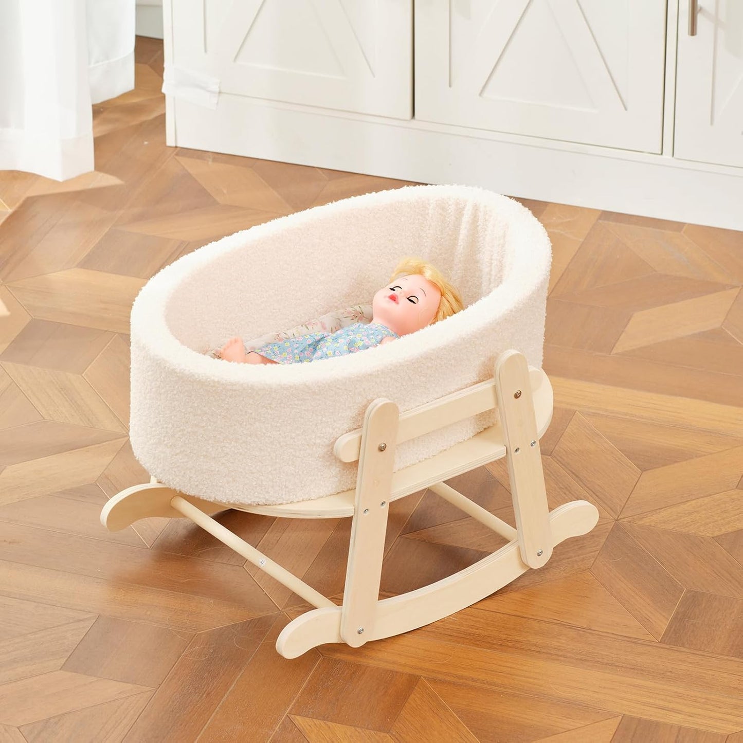 Wooden Baby Doll Crib, Baby Doll Bed Toys for Cat Dog, Wooden Boucle Bassinet for Dolls Up to 16 Inch, Doll Accessories with Mattress and Bassinet, Gift for Boys & Girls