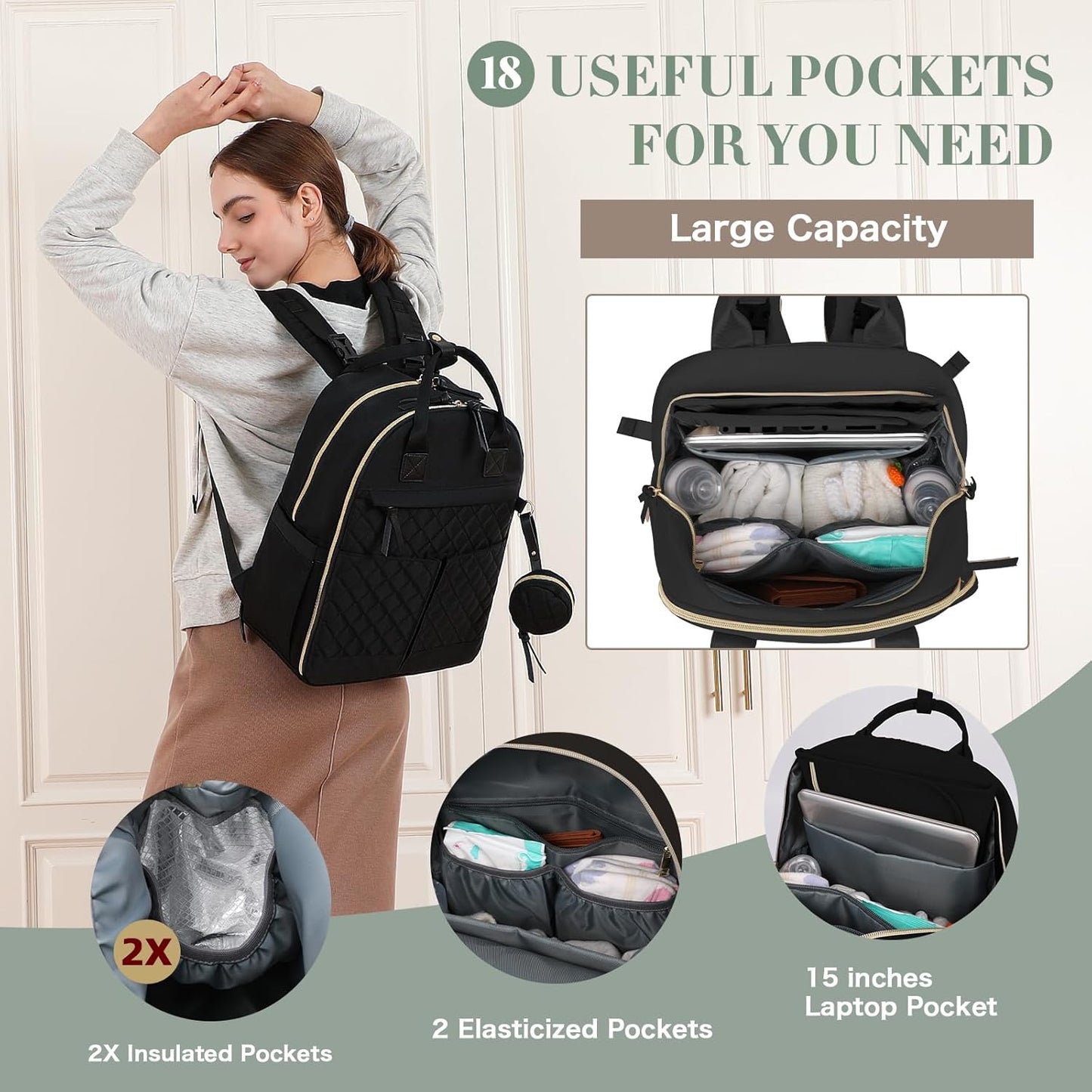 Diaper Bag Backpack, Baby Diaper Bag with 18 Pockets, Large Baby Bag Backpack for Girl Boy, Waterproof Diaper Bag with Changing Pad,Wet Dry Bag, Black
