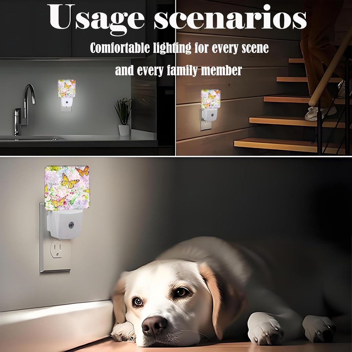Spring Flowers and Butterflies Night Light,Plug Into Wall Decor for Stairway,Hallway,Kitchen,Dusk to Dawn Sensor Nightlights for Boys/Girls/Women/Men Room Gifts