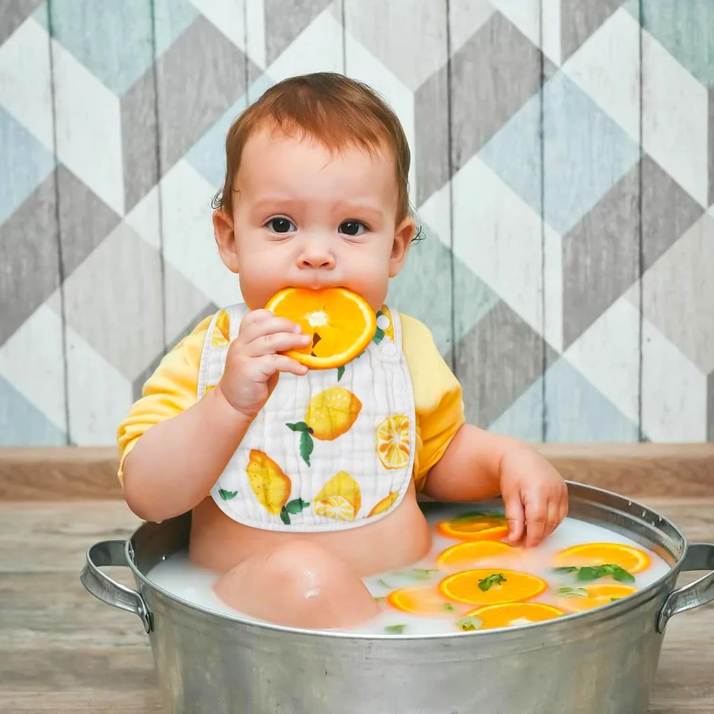 Zainpe 6Pcs Snap Muslin Cotton Bibs for Baby Lemon Flamingo Leaf Pineapple Bib with 6 Absorbent & Soft Layers Machine Washable Adjustable Burp Cloth for Drooling Eating and Teething