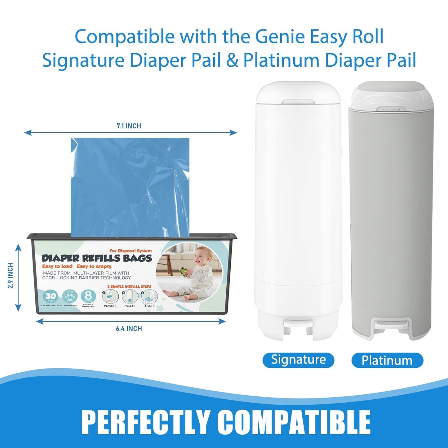 Diaper Pail Refills Bags with 30 Bags Compatible with Genie Easy Roll Signature and Platinum Diaper Pails, 7-Layer Odor-Barrier Technology, 5 Pack (150 Bag)
