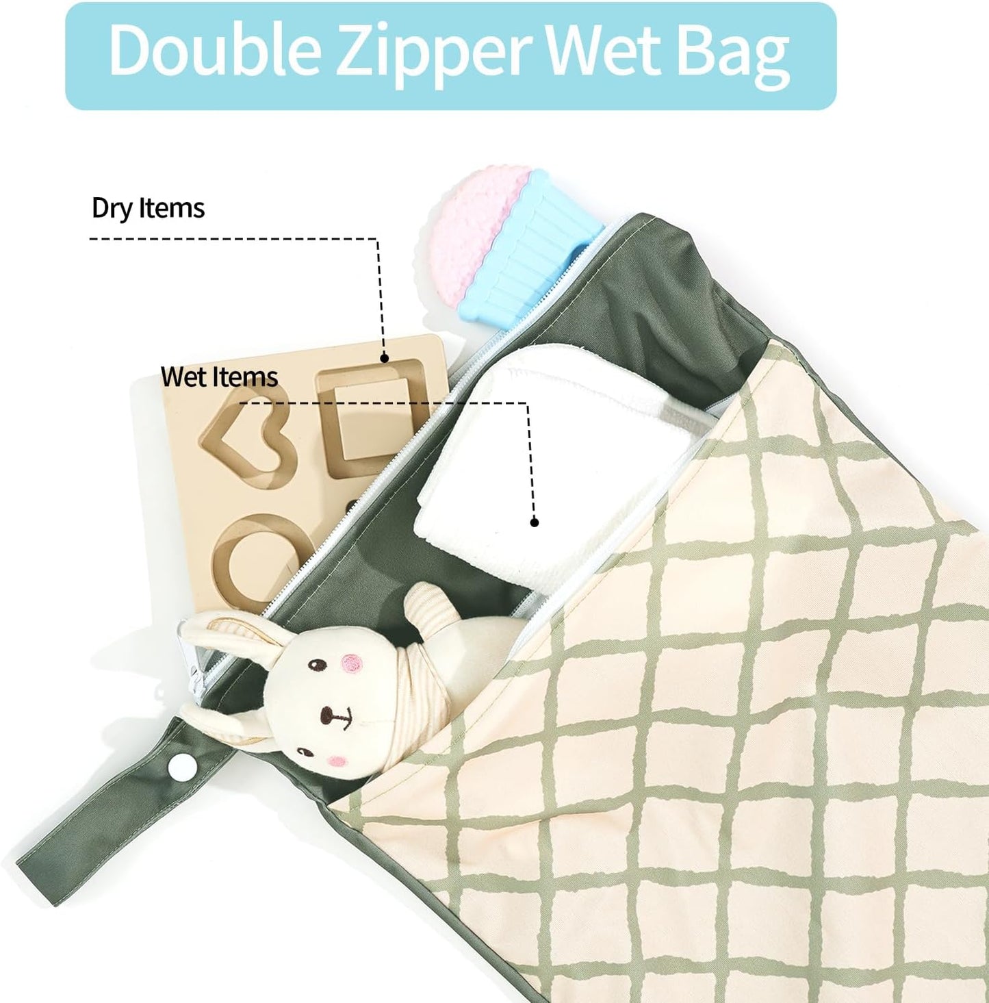 2pcs Wet Bags Waterproof Reusable Wet Dry Bag with Two Zippered Pockets Travel Beach Pool Daycare Yoga Gym Bag for Baby Cloth Diaper,Swimsuits,Wet Clothes (Leaves & Grids)