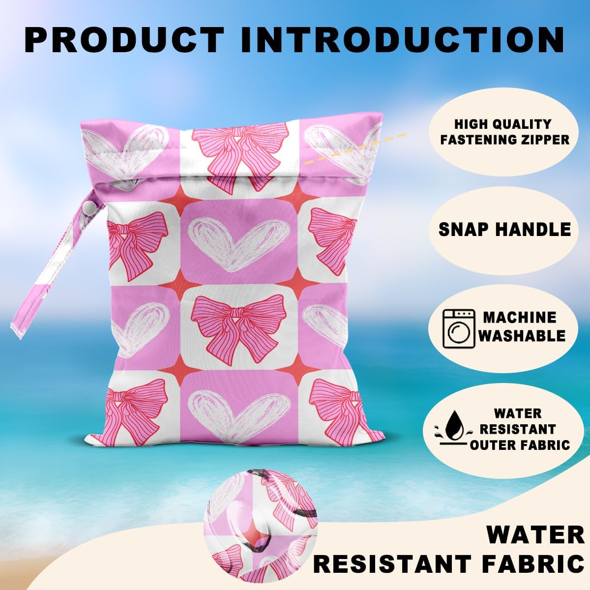 2Pcs Pink Bow Wet Bags 12x10 Inch, Heart Waterproof Wet Dry Bags, Reusable Washable Travel Laundry Bag for Swimsuit Beach Diapers Dirty Yoga Gym Clothes, Butterfly Gifts for Women Friend Travelers