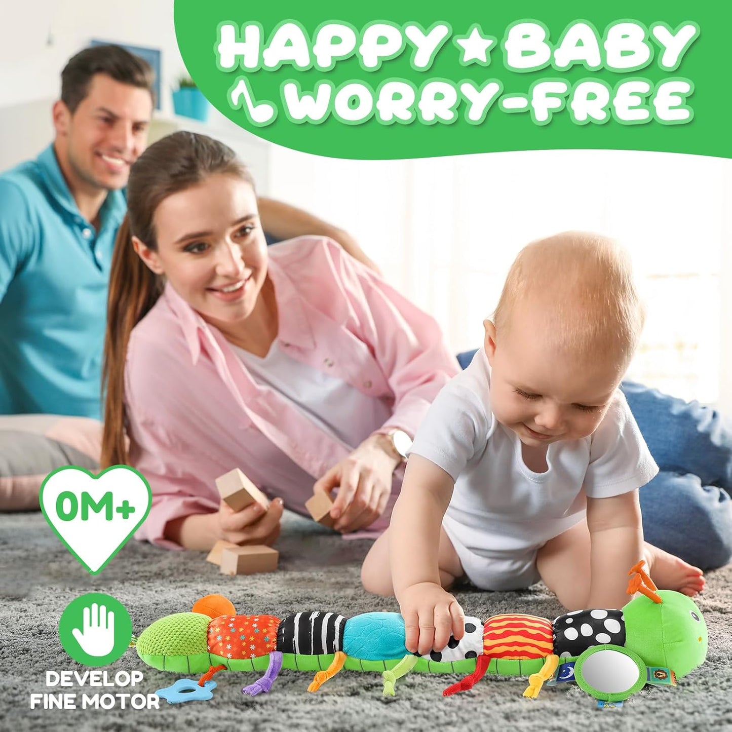 Baby Toys 0-6-12 Months,Musical Caterpillar Stuffed Animals Activity Infant Toys with Crinkle,Rattles,Mirror&Pull String,Muti-Sensory Toys Gifts for Newborn Tummy Time,Green,Knot prolegs