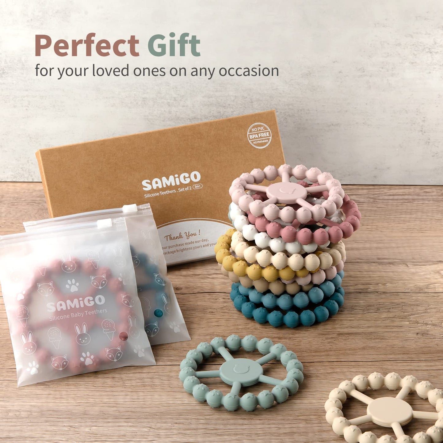 Samigo Ring Baby Teether Toys, Silicone Teething Ring Toys for Babies 0-6 6-12 Months, Baby Teethers 0-3 Months, Infant Teething Relief, Baby Girl Essentials - 2 Pack