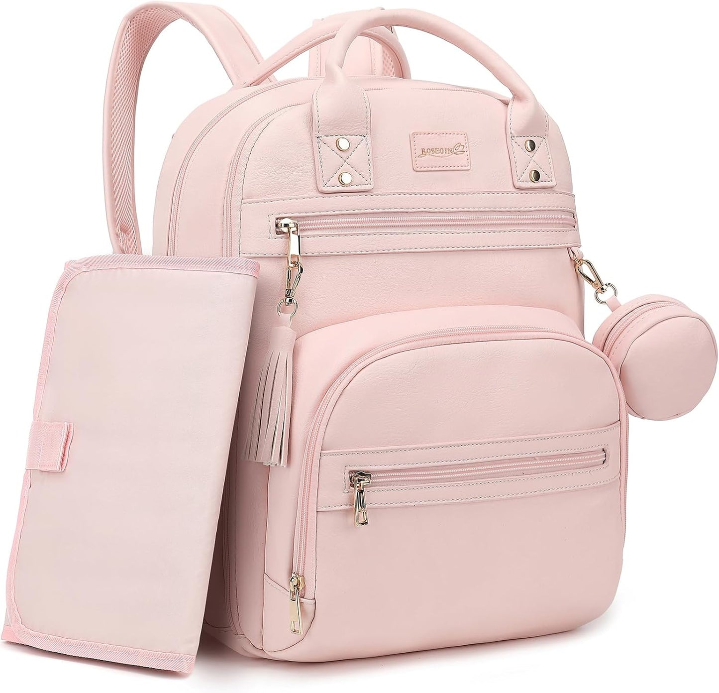 Premium Vegan Leather Diaper Bag Backpack with Waterproof Changing Pad, Reinforced Zippers & Odor-Free, 20 Pockets Pro Organizer, Fits 15.6" Laptop, Stroller Straps, Baby Bag for Mom, Pink