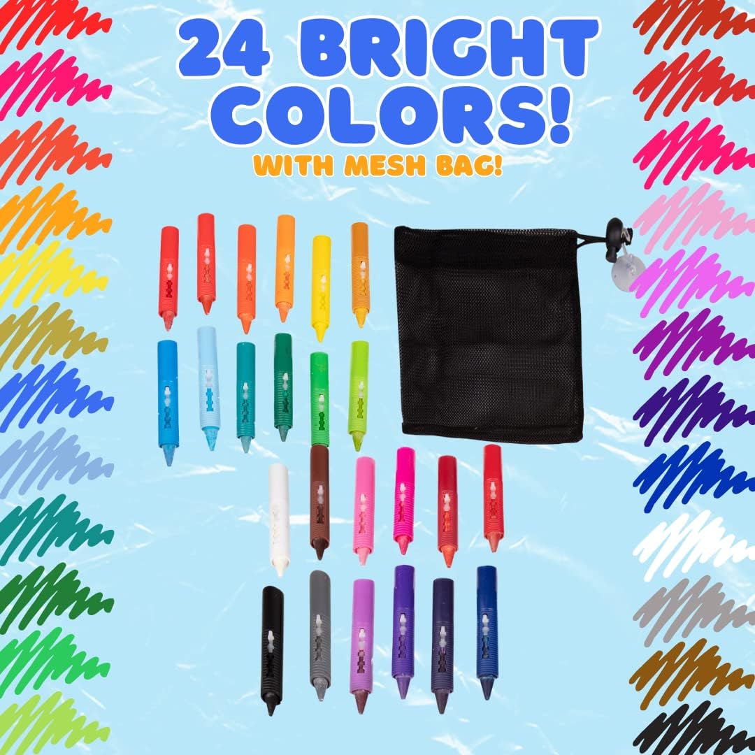Bath Crayons Super Set - Set of 24 Draw in the Tub Colors with Bathtub Storage Mesh Bag -Non-Toxic, Safe for Children, Won't Disintegrate in Water -Art Project for Kids and Toddlers, Fun Gift for Kids