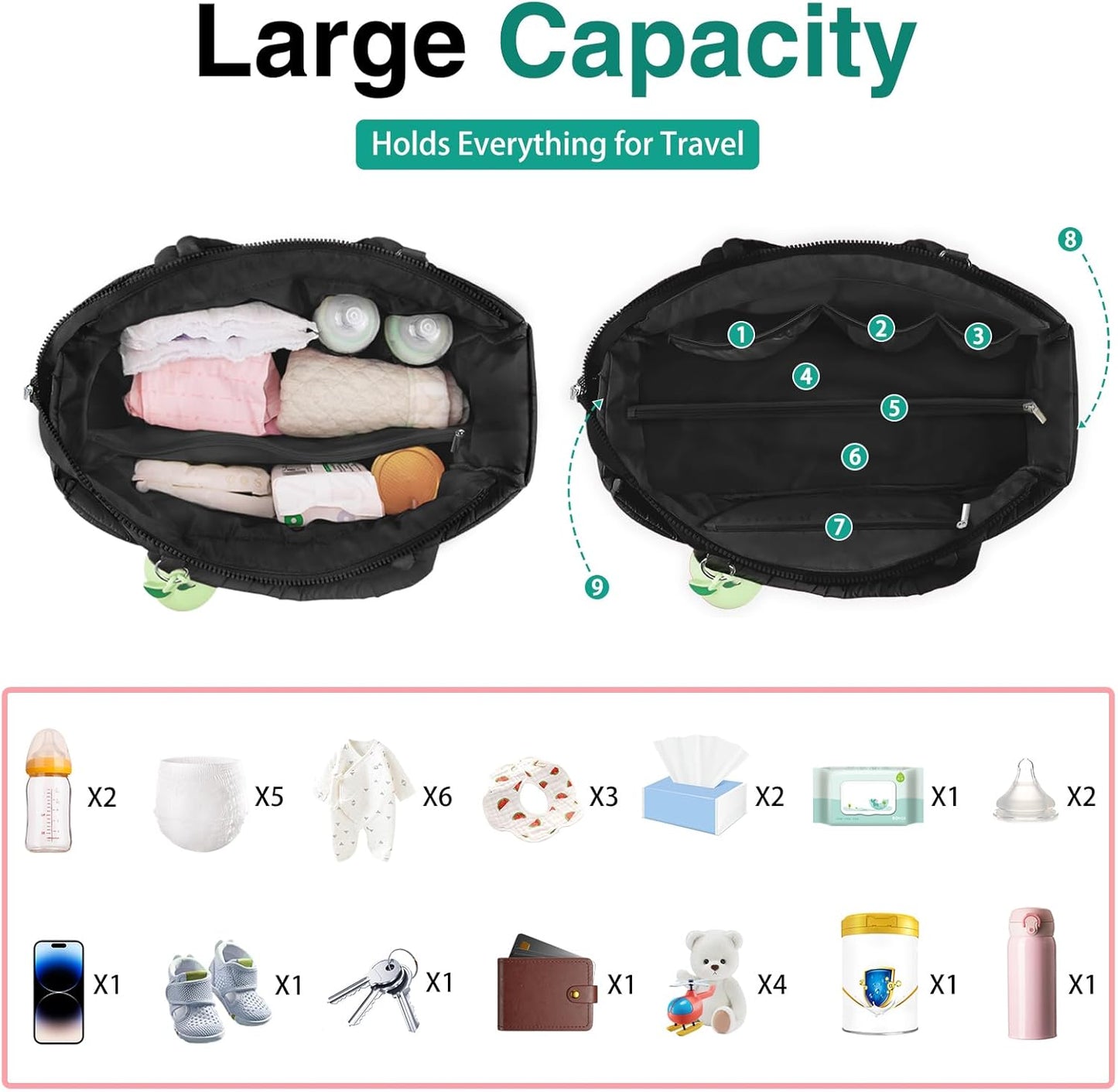 Diaper Bag Tote, Baby Diaper Tote Bags Crossbody Hospital Bag Travel Large Mommy Bag, with Silicone Pacifier Case