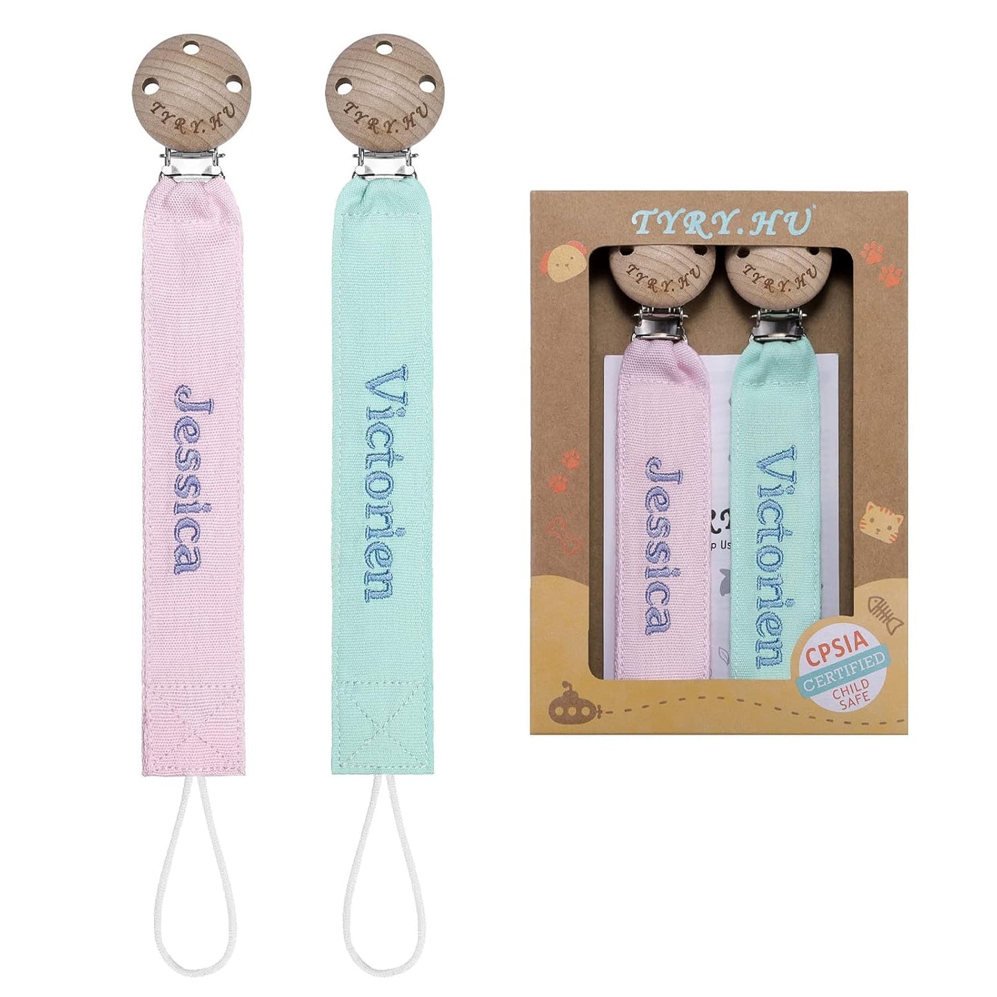 TYRY.HU Personalized Pacifier Clip with Name, Embroidery Ribbon Pacifier Holder for Baby Girls and Boys, Neutral Pacifier Leash Universally Fit All Pacifiers & Baby Toys, 2 Pack Baby Gift(Pink, Green)